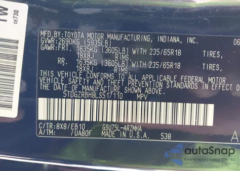 2020 Toyota Highlander Xle from USA, damaged, VIN 5TDGZRBH8LS517110